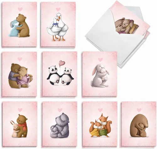 The Best Card Company Juego de 20 tarjetas de notas para el día de San Valentín, 4 x 5.12 pulgadas con sobres (10 diseños, 2 de cada uno) Animal