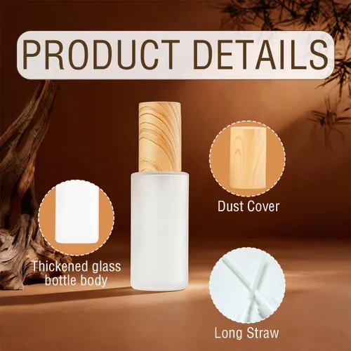 Miniatura 3 de Paquete de 3 botellas vacías de loción de vidrio esmerilado de 1.0 fl oz / 1 onza líquida con bomba de plástico de grano de madera, contenedor