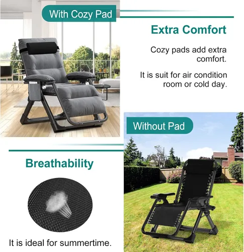 Miniatura 5 de DoCred Silla de gravedad cero, sillón reclinable de césped, tumbona reclinable para patio, tumbona plegable portátil con cojín suave desmontable