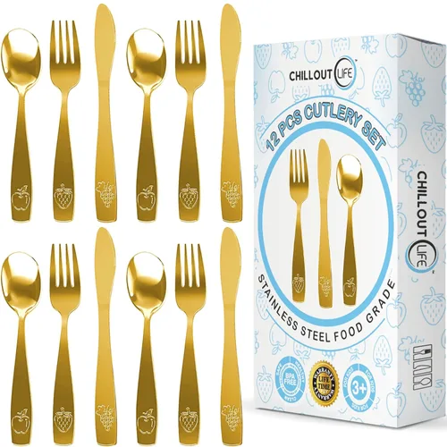 Miniatura 9 de Juego de cubiertos de acero inoxidable de 12 piezas para niños, cubiertos seguros para niños y niños, juego de utensilios para niños, juego