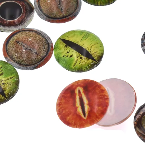 Miniatura 3 de 10 pares de cabujones de cristal redondos de 1.181 in que brillan en la oscuridad, ojos de dinosaurio, cúpula redonda, parte trasera plana
