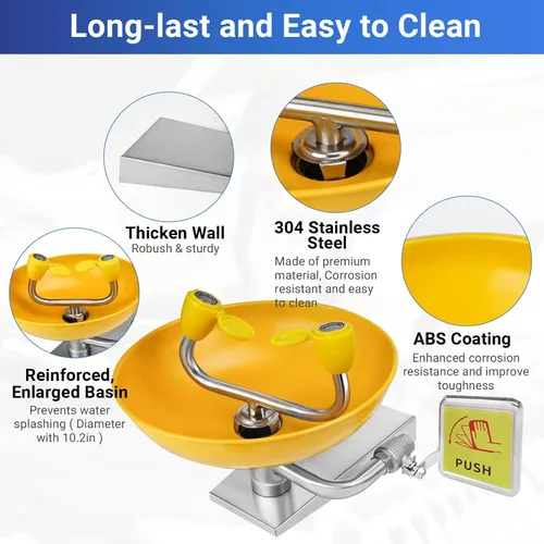 Miniatura 5 de Estación de lavado de ojos de emergencia ABS montada en la pared, acero inoxidable 304 - Kit de lavado de ojos aprobado por OSHA - para laboratorio