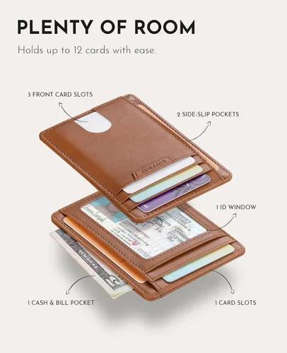 Miniatura 21 de Buffway Cartera delgada para hombres y mujeres, minimalista, pequeña, de cuero, con bolsillo frontal, con bloqueo RFID y caja de regalo, Bassa Mars
