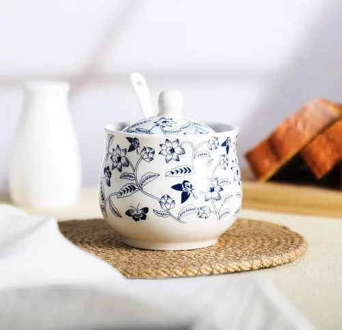 Miniatura 4 de Azucarero de cerámica Tarro de flores azules y blancas Tarro de almacenamiento de sal y pimienta con tapa y cuchara