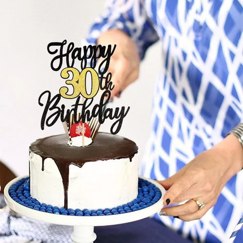 Miniatura 5 de 1 pieza de decoración para pastel de feliz cumpleaños número 30, negro dorado con purpurina, brindis por 30 años, palillo para pastel de cumpleaños