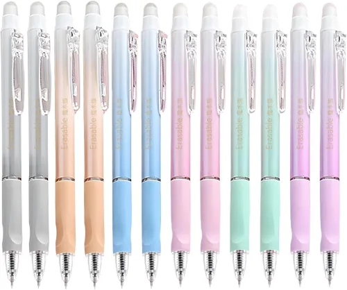 12 bolígrafos borrables lindos + 10 repuestos, bolígrafos de gel de goma de borrar estéticos retráctiles, bolígrafos de escritura suave de agarre