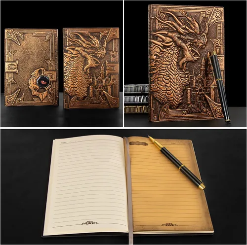 Miniatura 4 de DND - Cuaderno de Dungeon and Dragon de cuero en relieve 3D, diario de dragón con bolígrafo negro y funda para bolígrafo, diario de viaje vintage