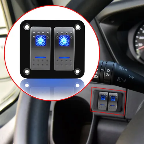 Miniatura 7 de FXC Interruptor basculante Panel de aluminio 2 Gang Interruptores de palanca Dash 5 Pin ON/OFF 2 LED retroiluminado para barco coche azul marino