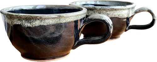 Juego de 2 cuencos de sopa estilo granja con asas, grandes profundos, tazas colgantes de cocina, decoración de cerámica hecha a mano (negro con