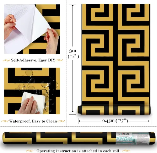 Miniatura 3 de 8626 Papel tapiz para despegar y pegar con llave griega, 17.7 x 9.8 pies, laberinto geométrico negro/amarillo, extraíble, autoadhesivo