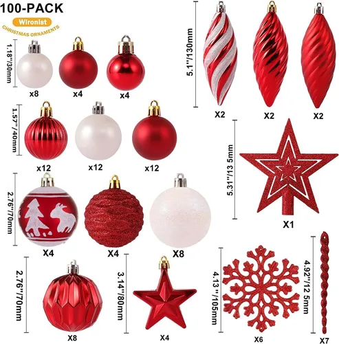 Miniatura 2 de Juego de 100 adornos de bolas navideñas - Surtido de adornos colgantes irrompibles para árbol con paquete de regalo reutilizable portátil para árbol