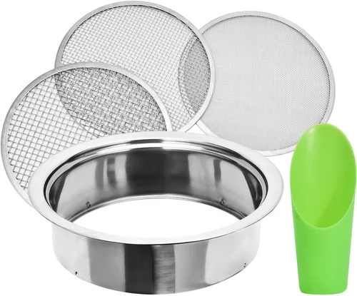 Juego de tamiz de suelo de acero inoxidable, juego de tamiz de jardín con 3 mallas intercambiables de 1,3,5mm, pantalla de tamizado para suciedad,
