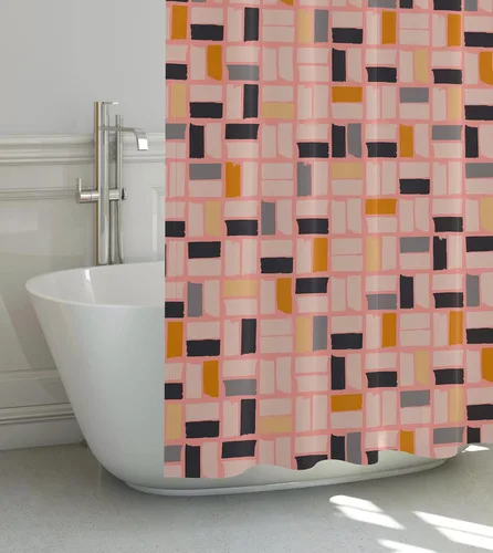 Miniatura 6 de Cortina de ducha MidMod rosa – 72 x 72 pulgadas, cortina de baño moderna de mediados de siglo con patrón cuadrado abstracto, diseño retro de tela