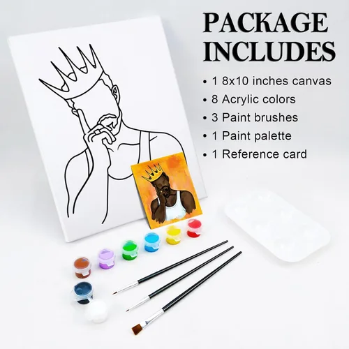 Miniatura 4 de Nuberlic Lienzo predibujado para pintar para adultos, kit de pintura y sorbos, lienzo preestirado con imágenes para pintar Afro King, suministros