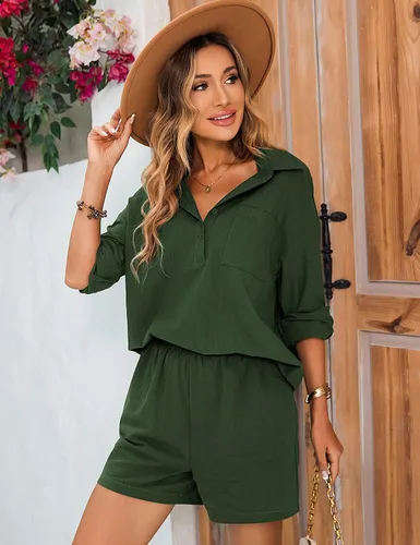 Miniatura 3 de Zeagoo Conjunto de 2 piezas para mujer, conjunto de ropa de descanso de algodón y lino, camisa de manga larga con cuello en V y pantalones cortos