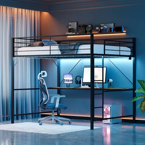 Miniatura 17 de VINGLI Base de cama individual de metal con barandilla de seguridad de 15 pulgadas, escalera antideslizante, 2 estaciones de carga, escritorio