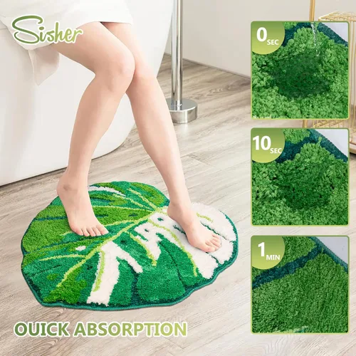 Miniatura 5 de Sisher Alfombra de baño de hojas verdes, alfombra grande Monstera para niños, alfombra de hoja verde, antideslizante, cómoda alfombra