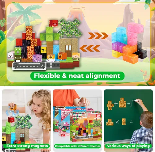 Miniatura 5 de Goody King Mundo de Bloques Magnéticos de Dinosaurio y Volcán 100 Piezas de Bloques Magnéticos de Dinosaurio, Juguetes Sensoriales STEM Montessori