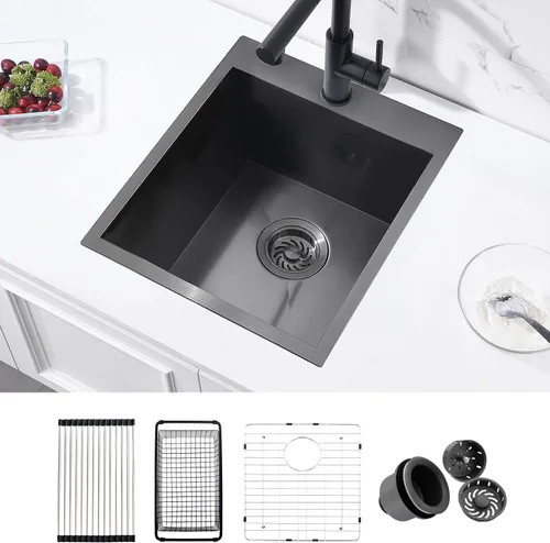 Fregadero de barra negra de 15 pulgadas, 15 x 18 x 10 pulgadas, calibre 16, T304, de acero inoxidable negro, pequeño, fregadero de cocina, montaje