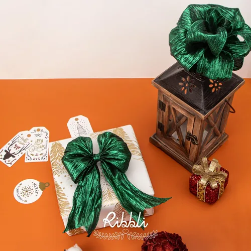 Miniatura 3 de Ribbli - Cinta de alambre ondulada verde bosque con borde metálico, cinta de Navidad verde bosque para guirnalda, coronas, moño de la parte