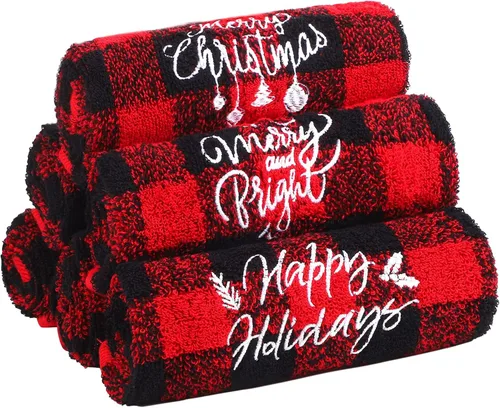 Miniatura 8 de MCEAST Paquete de 3 toallas de mano de Navidad, 18 x 14 pulgadas, color rojo y negro, a cuadros, suaves, toallas de algodón puro para baño, cocina
