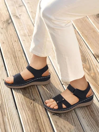 Miniatura 3 de Sandalias planas de SHIBEVER para mujer elegantes: Sandalias planas cómodas para mujer con punta abierta, correa al tobillo, zapatos de caminar