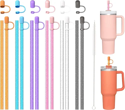 12 popotes de repuesto de colores con tapas protectoras para taza Stanley de 40 oz, 30 oz, 20 oz, 14 oz, 64 oz, popotes reutilizables con tapa, Paja