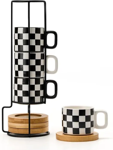 Miniatura 17 de LUKA Tazas de Porcelana Apilables a Cuadros Blancos y Negros para Espresso con Platillos y Soporte de Metal, Juego de Tazas Pequeñas de Cerámica
