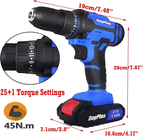 Miniatura 7 de Taladro combinado inalámbrico y destornillador eléctrico, destornillador eléctrico con baterías de 2 x 21 V, carga rápida de 1 hora, portabrocas