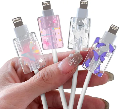 Protector de cable con purpurina para cargador iPhone tipo C, lindo patrón de mariposas brillantes, juego de 4 piezas, protector de cable para