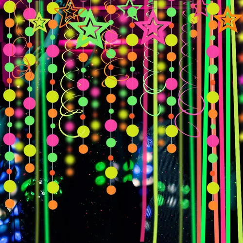 Miniatura 7 de Serpentinas de guirnalda de papel de neón redondas UV de 115 pies, decoraciones de luz negra para suministros de fiestas que brillan y decoraciones
