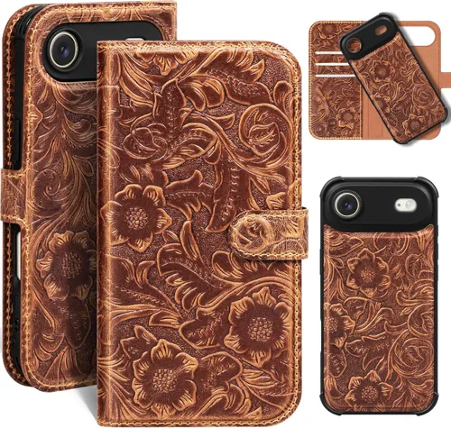 Miniatura 32 de Funda de cuero compatible con iPhone 16 Pro Max Cartera 6.9", cuero genuino 2 en 1, magnética, desmontable, a prueba de golpes, funda tipo folio