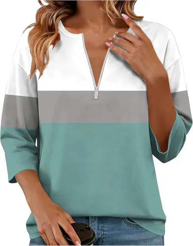 Miniatura 5 de Sudadera de manga larga con media cremallera para mujer, de gran tamaño, bloque de color, con cremallera de un cuarto, camisas de moda de primavera
