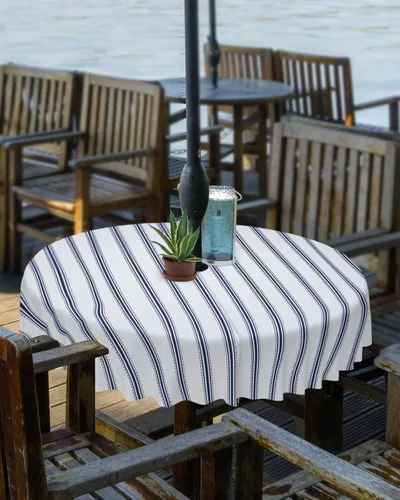 Miniatura 2 de Mantel para exteriores a rayas azul marino, mantel redondo de 60 pulgadas, diseño de rayas blancas y azul marino, impermeable, con agujero
