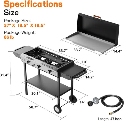 Miniatura 2 de Veralune - Estufa de propano de 3 quemadores con encendido automático 225,000 BTU Gas Griddle with Storage Shelf, Rolling Wheels, Portable Outdoor