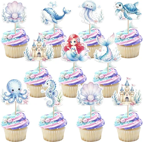 Miniatura 9 de 1 PCS Decoración para Pastel de Feliz Cumpleaños - Estrella de Mar, Madera de Mar, Conchas Marinas, Cola de Sirena para Decoraciones de Fiesta