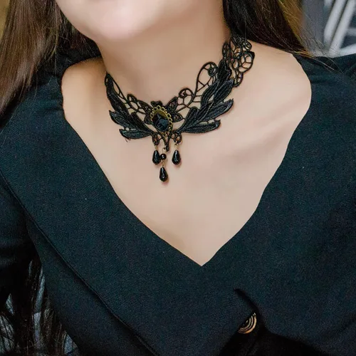 Miniatura 4 de YienDoo Gargantilla de encaje vintage con patrón de encaje gótico blanco, collar punk con borla y cuentas de perlas, gargantilla de princesa