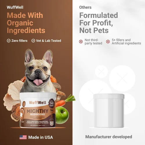 Miniatura 9 de WuffWell Masticables de hongos para perros – Sabor a mantequilla de maní con 7 hongos medicinales – Soporte inmunológico, cadera, articulaciones