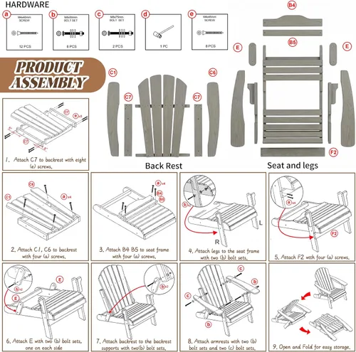 Miniatura 5 de Silla Adirondack plegable, de madera maciza, sillas para hogueras para todo tipo de clima, con respaldo premontado y tabla de asiento para terraza