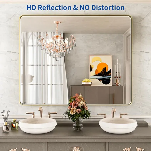 Miniatura 2 de WEER - Espejo de baño dorado, espejo de 40x32 pulgadas con marco de metal dorado cepillado, espejo de tocador de baño de oro para pared