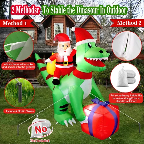 Miniatura 5 de Dinosaurio inflable de Navidad de 5 pies con Papá Noel, luces LED, decoración de patio para interiores y exteriores, T-Rex verde con caja de regalo