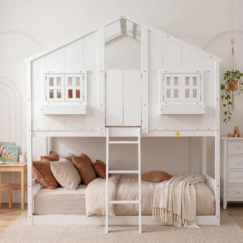 Miniatura 2 de VECELO Full Over Full House Bunk Bed with Safety Rail, Ladder, Windows & Doors, Solid Wood Playhouse Bunk Bed, No Box Spring Needed, White