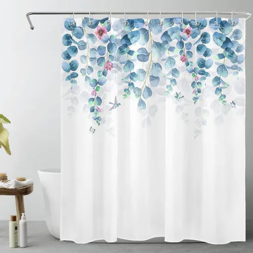 LB Cortina de ducha de hojas verdes azules para baño, hojas botánicas de primavera con flores moradas sobre fondo blanco, acuarela, tela de