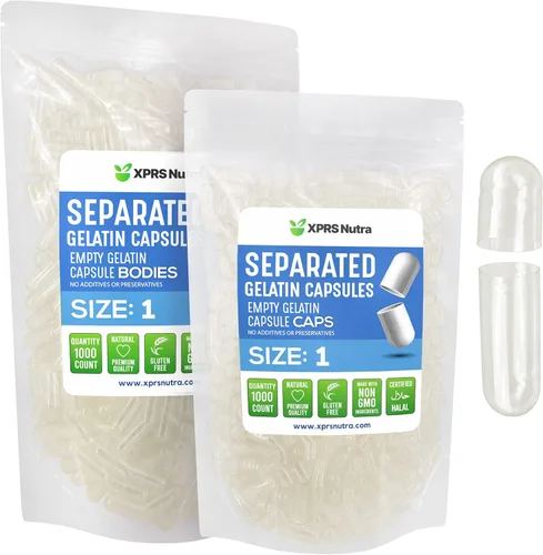 XPRS Nutra Cápsulas separadas de gelatina tamaño 1 – 1000 cápsulas vacías de píldoras separadas en bolsas – Pastillas vacías transparentes para Claro