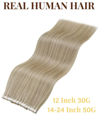 Miniatura 4 de 【Descuento】Hetto - Extensiones de cabello con cinta adhesiva, 40g, extensiones de cabello humano, color rubio ceniza oscuro degradado a rubio medio