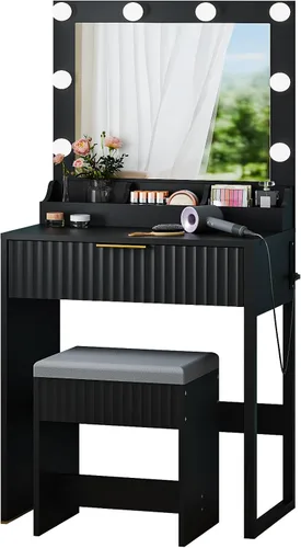 Miniatura 13 de VINGLI - Escritorio de maquillaje con estantes acanalados y espejo con luces y toma de corriente, mesa de tocador pequeña con 2 cajones y 4 estantes