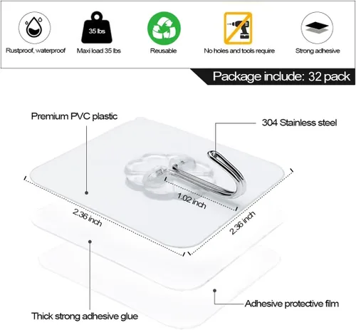 Miniatura 2 de ZESLMG Ganchos de pared adhesivos para colgar, paquete de 32 ganchos autoadhesivos resistentes de 10kg transparentes, removibles, sin daños