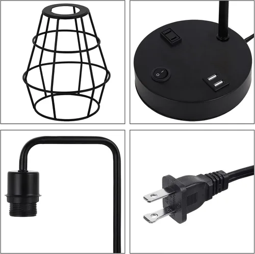 Miniatura 3 de BTY Juego de 2 lámparas de mesa USB Edison con puertos de carga USB duales y 2 clavijas de salida de CA, jaula de alambre de metal, lámpara de mesa