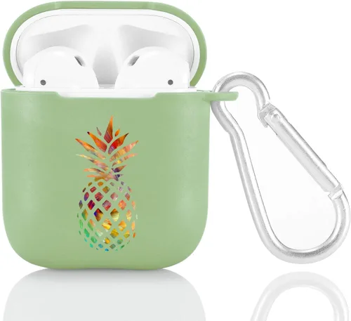 Funda verde para AirPod 1 y 2 con llavero mosquetón + bolsa de almacenamiento, pintura colorida piña funda inalámbrica para auriculares inalámbricos