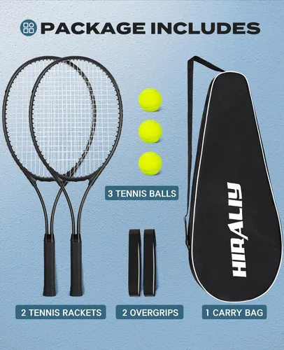 Miniatura 2 de HIRALIY Juego de raquetas de tenis de 27 pulgadas para adultos, raquetas de tenis preencordadas para 2 jugadores, 2 cintas de sobreagarre, 3 pelotas